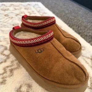UGG Tan Suede Slip-Ons with Red Trim